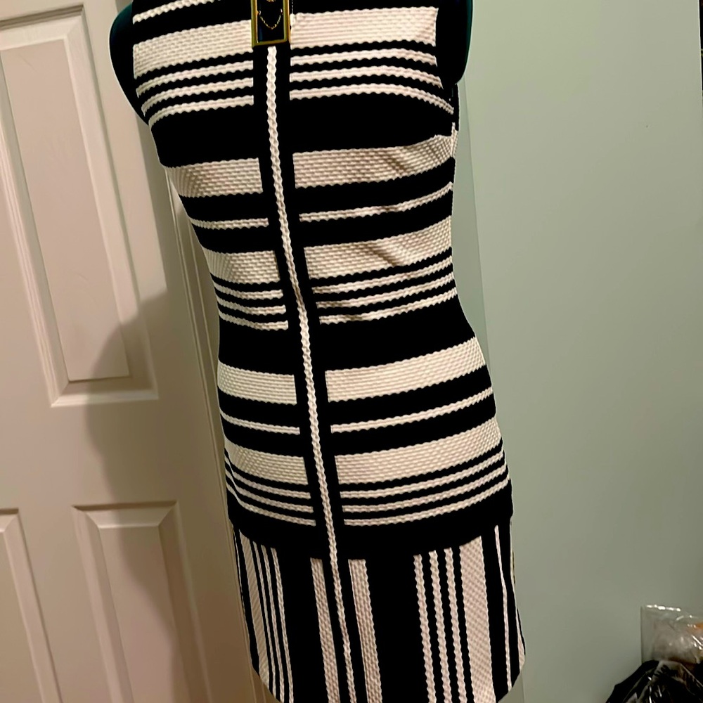 Short sleeve black and white striped waffle textured dress.